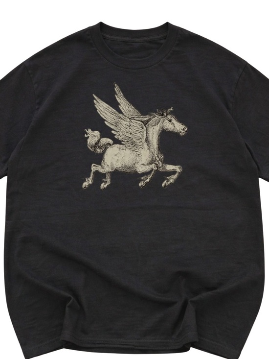 Tops - Black Graphic T‑Shirt with Pegasus Print